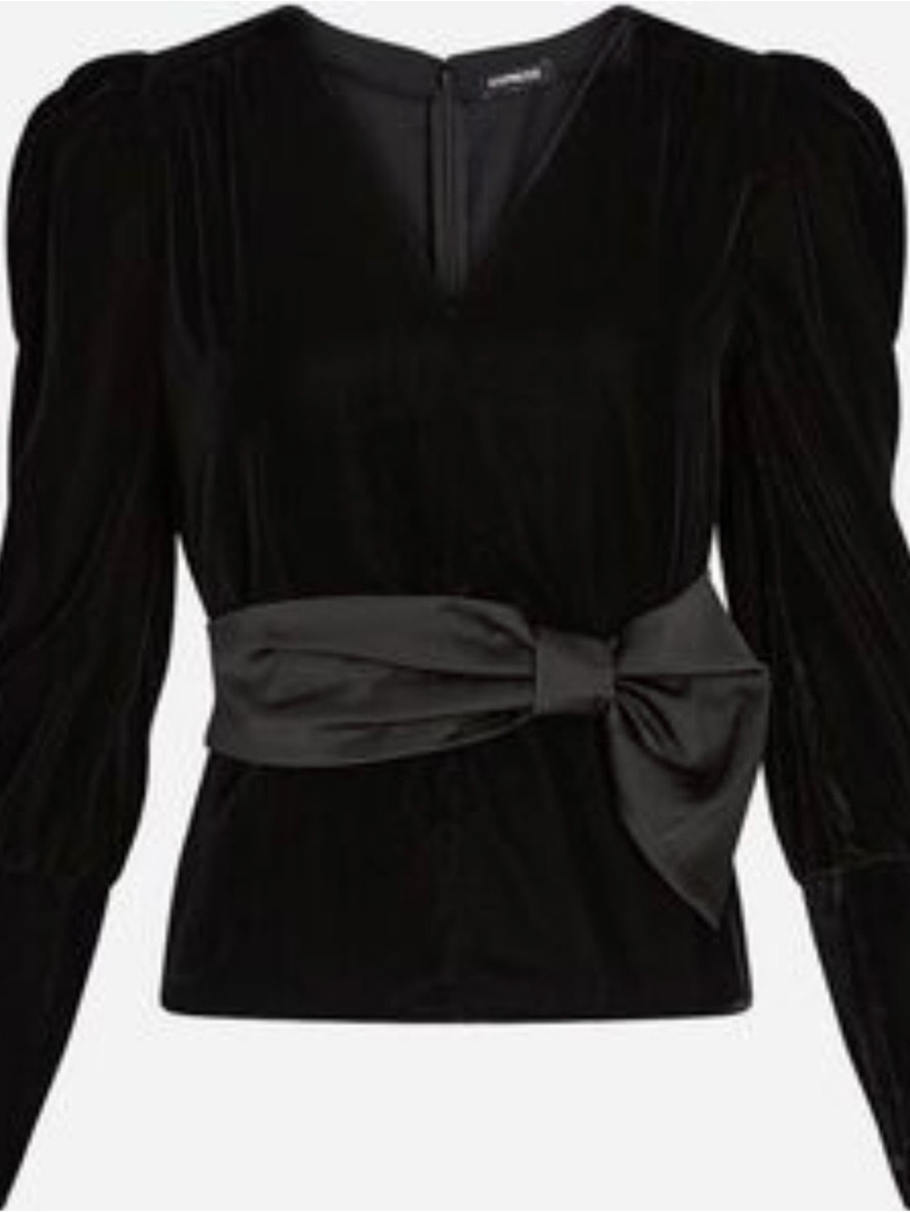 Express Black Velvet V-Neck Puff Sleeve Top with Sash Belt